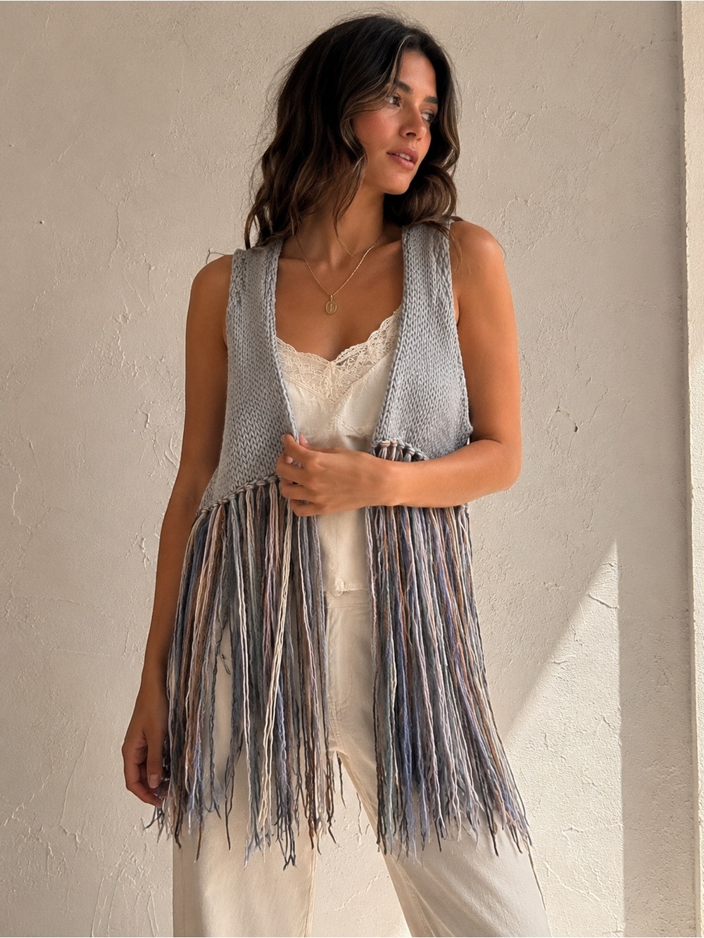 Handmade Boho Fringe Knit Sweater Vest Gray Long Fringe Festival Layering